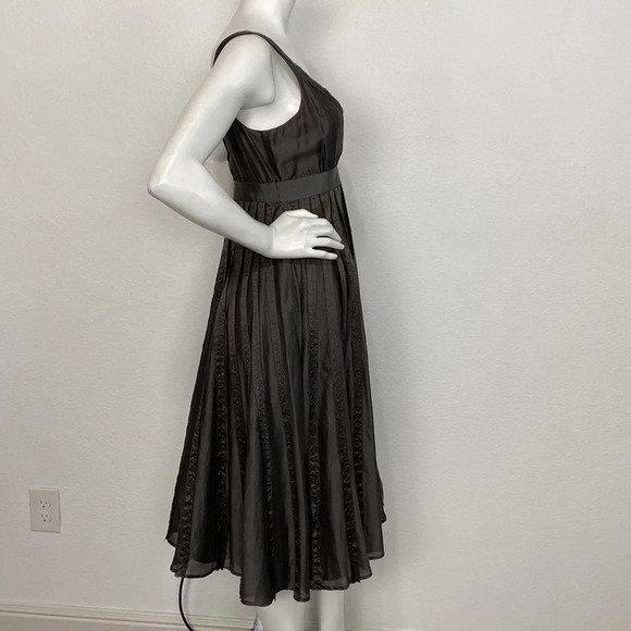 Zara Dark Pewter Deep V-Neck Silk Linen Blend Pleated Academia Midi Dress Size S - Picture 6 of 8